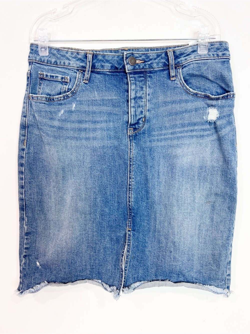 OLD NAVY FRAY HEM STRAIGHT HEM JEAN DENIM SKIRT BUTTON FLY WIMENS SZ 12
